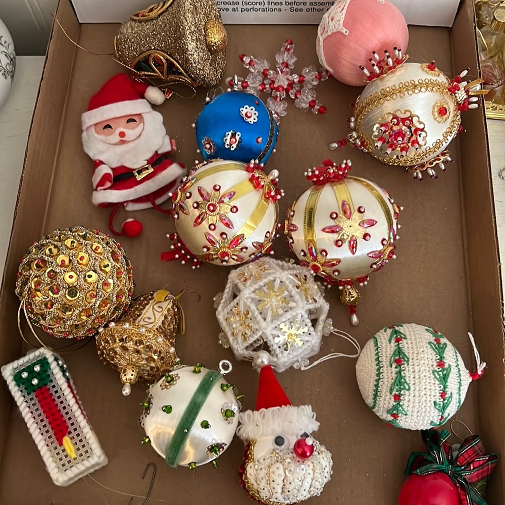 Lot MCM Vintage Handmade satin beaded ball bells & other Christmas Ornaments MCM